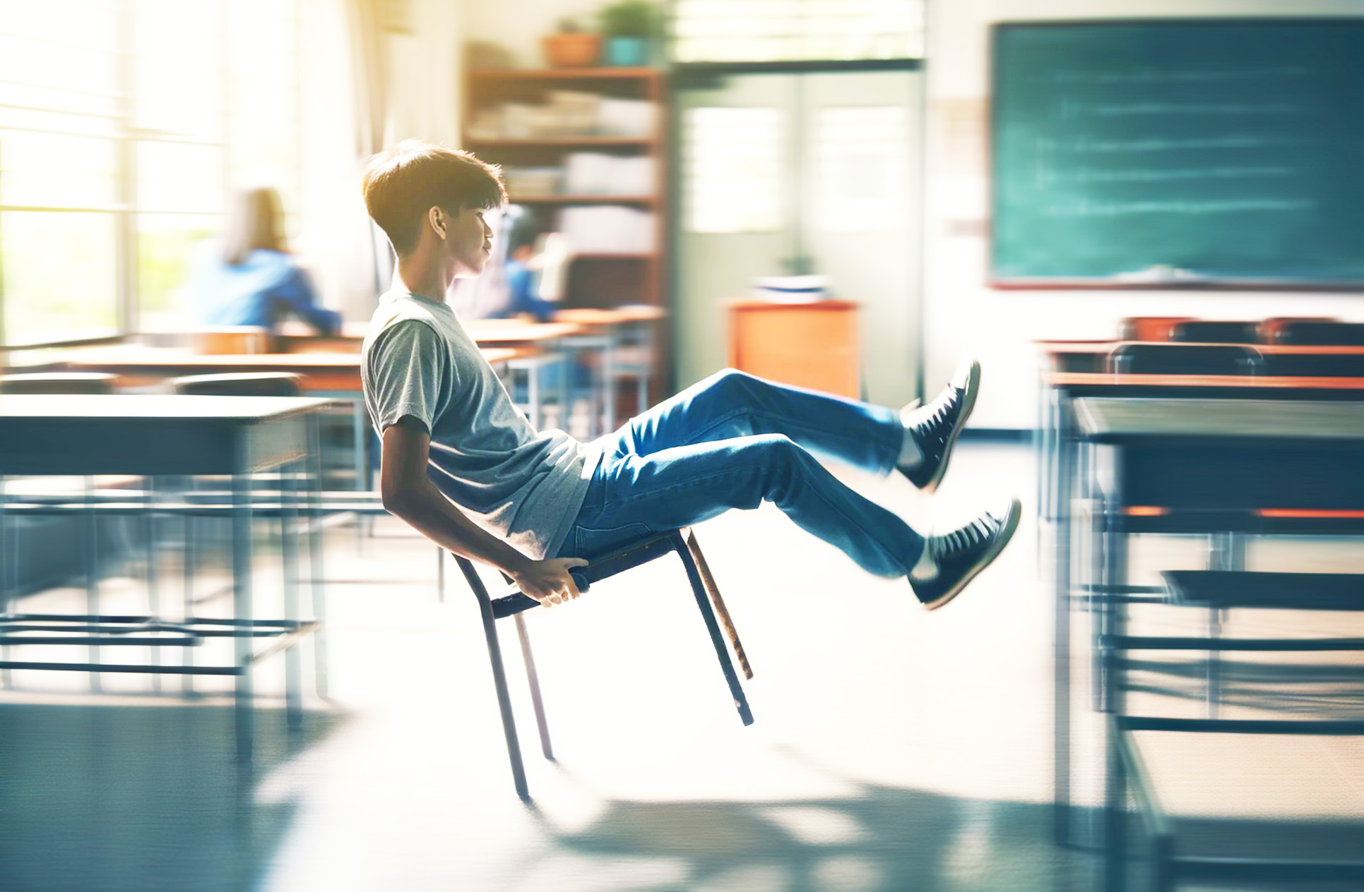 Ein Junge sitzt in einem Klassenraum und kippelt mit seinem Stuhl