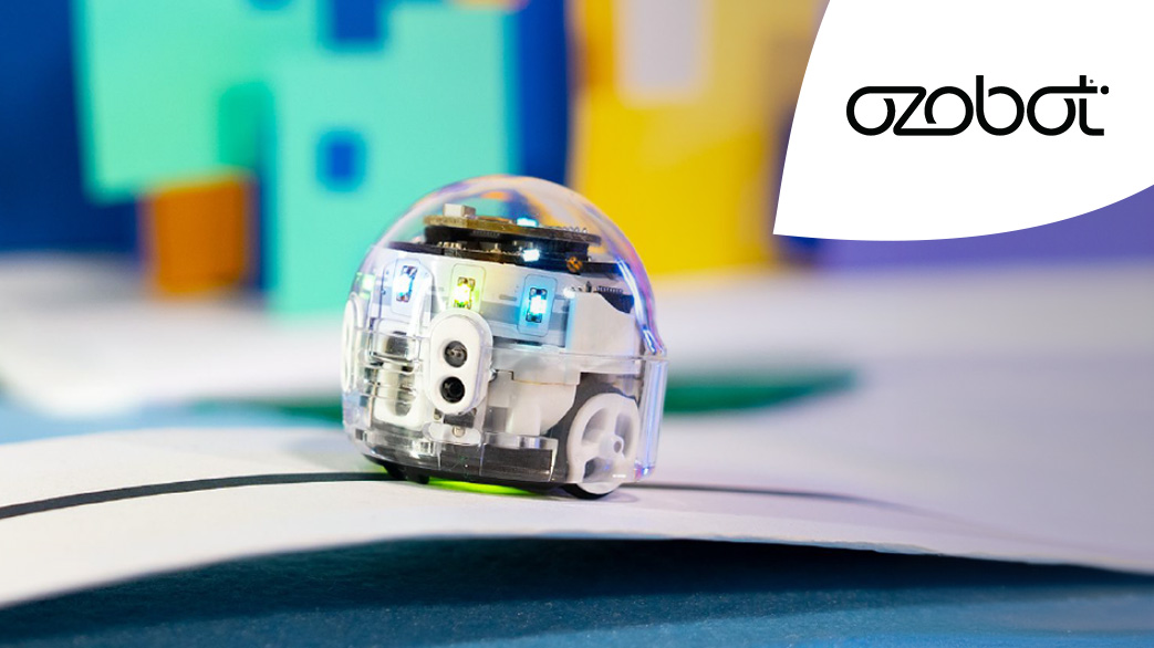 Ozobot Herstellerseiten Header mit Lernroboterabbildung und Ozobot Logo oben rechts