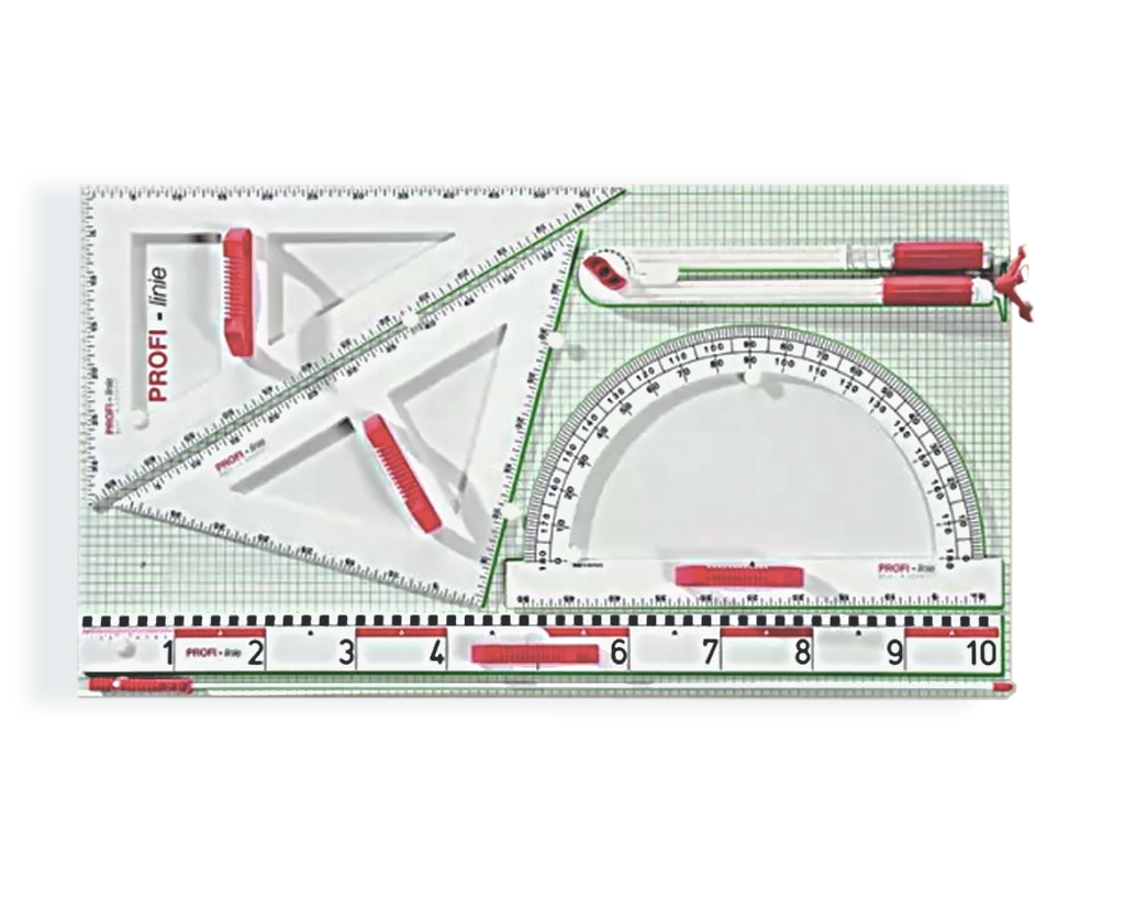 Tafelzeichengeräte wie Geodreieck, Zirkel, Lineal, Zeichendreieck und Winkelmesser