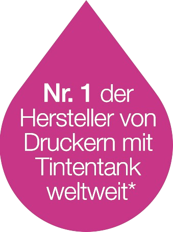 Pinker Tropfen mit weißer Schrift: Nr.1 der Hersteller von Druckern mit Tintentank weltweit*